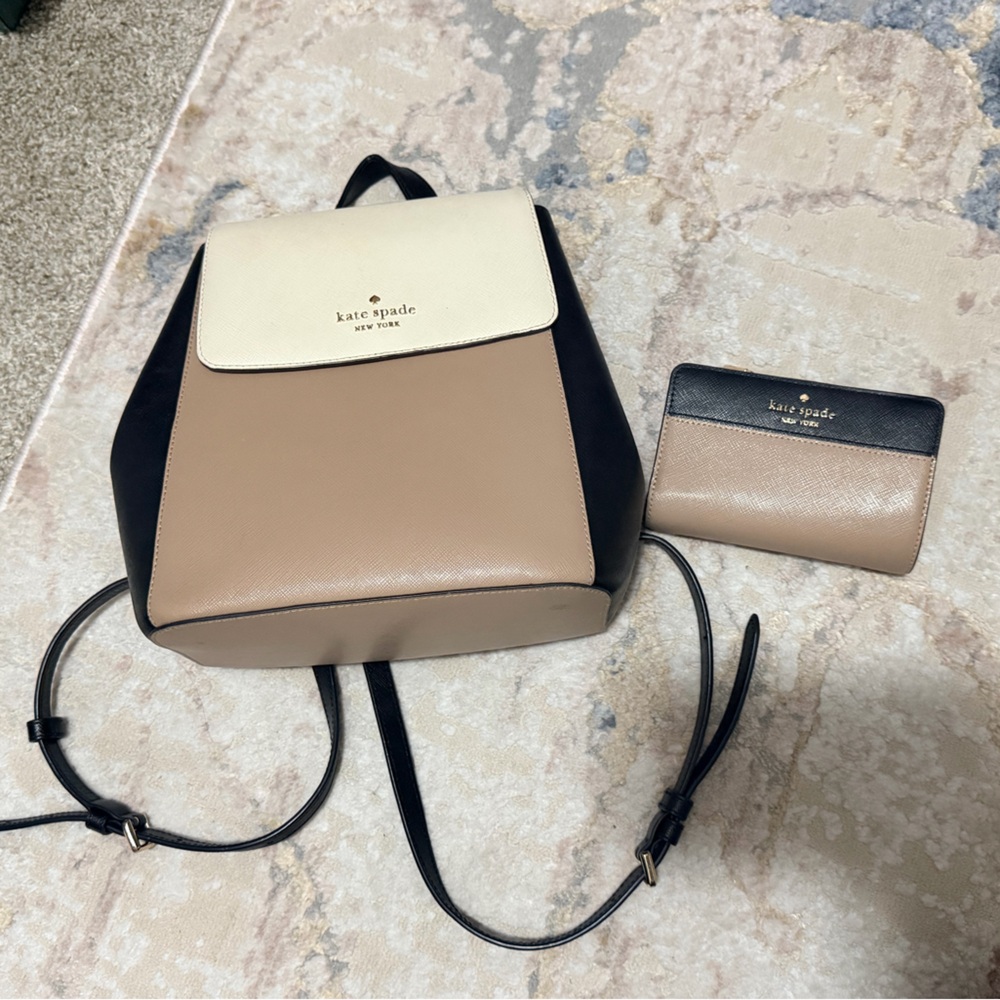 Kate Spade Tan and Black Backpack with Cream Accent with matching wallet